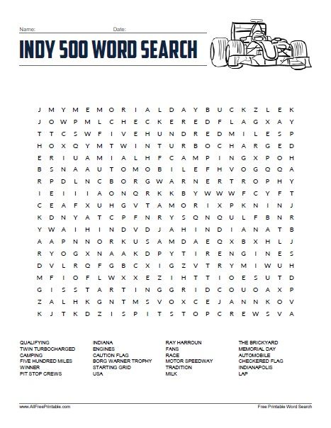 Free Printable Indy 500 Word Search Indy 500 Crafts For Kids, Indy 500 Party Ideas, Indy 500 Party, Word Search Free Printable, Easy Word Search, Race Party, Classroom Activity, Free Wedding Printables, Word Search Puzzles