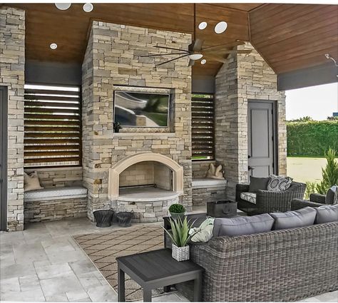 Patio Fireplace Ideas, Pergula Ideas, Brick Wall Fireplace, Black Mantle Fireplace, Deck Extension, Black Tile Fireplace, Painting Brick, Black Mantle, Outdoor Stone Fireplaces