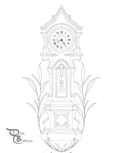 A tattoo design of an antique clock tower with vining leaves climbing up either side of the tower. #tattoo #tattootips #tattooinspo #tattooinspiration #tattoodesigns #tattooideas Clock Tower Tattoo Design, Grandfather Clock Tattoo Design, Antique Clock Tattoo, Clock Tower Tattoo, Clock Tower Aesthetic, Grandfather Clock Drawing, Clock Tower Drawing, Grandfather Clock Tattoo, Time Piece Tattoo