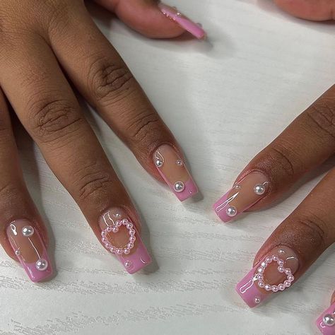 Nails Pink French Tip, Nails Pink French, Pink French Tip Nails, Hawaiian Nails, Pink French Tip, Gel X Nails, X Nails, Evil Eye Nails, Heart Nail Designs