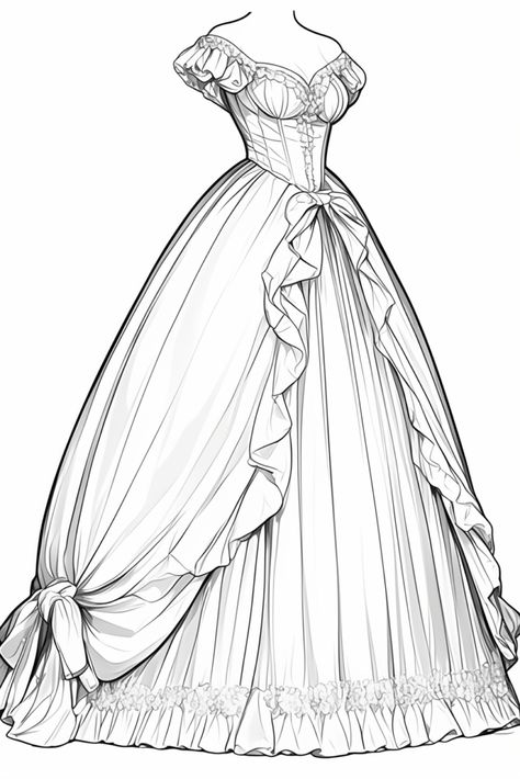 ball gown dress coloring pages – BUJO ART Bridgerton Coloring Page, Dress Coloring Pages, Bridal Cakes, Disney Art Style, Bujo Art, Gown Drawing, Fashion Coloring Book, Ball Gown Dress, Fashion Drawing Tutorial