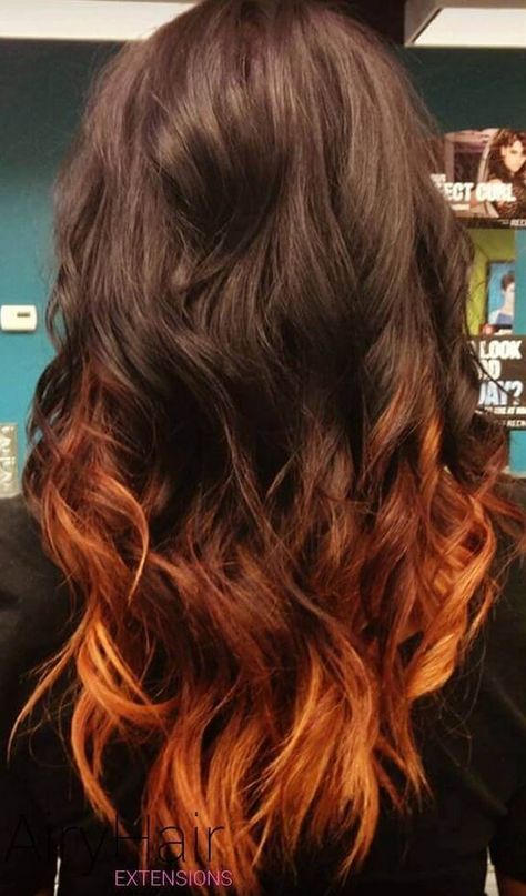 Fox Dyed Hair Brown, Fox Colour Hair, Brown Hair With Orange Tips, Fox Color Hair Dye, Fox Dyed Hair Ends, Dark Brown Hair With Orange, Brown Hair With Orange Undertones, Brown Hair Orange Tips, Ginger Hair With Black Tips