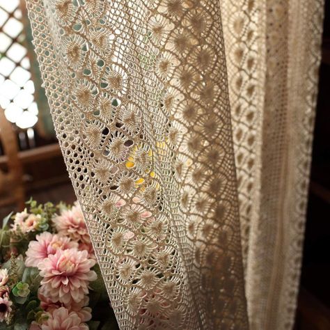 PRICES MAY VARY. Package: 1 Panel boho chic beige crochet knitting sheer curtain, include hooks. Size: 59 inches wide by 94 inches long, which is made of sturdy crochet cotton lace fabric. About 1.08kg per piece. Top style: Rod pocket top / pinch pleat top are both suitable for the vintage lace curtain. The rod pocket suitable for diameter 2.5" curtain rod. It's better for the curtain's width be 1.5-2 times of the window's width. Widely use: The farmhouse retro style window curtain panel is perf Cortina Boho, Rideaux Boho, Vintage Lace Curtains, Cabin Remodel, Patio Windows, Farmhouse Patio, Lace Curtain, Bedroom Drapes, Window Sheers