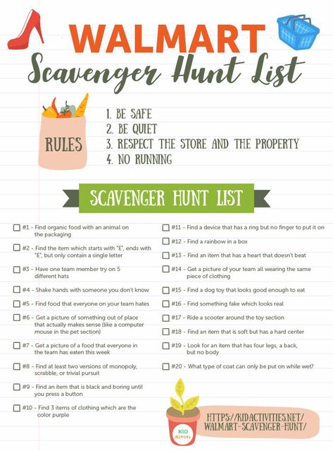 A printable Walmart scavenger hunt list. For more ideas and instructions on how to have a Walmart scavenger hunt, visit the site. #ScavengerHunt #IndoorGameIdeas #GameIdeas #KidActivities Walmart Scavenger Hunt List, Walmart Scavenger Hunt, Scavenger Hunt Ideas, Scavenger Hunt List, Adult Scavenger Hunt, Scavenger Hunt Birthday, Scavenger Hunt Clues, Scavenger Hunt Games, Photo Scavenger Hunt