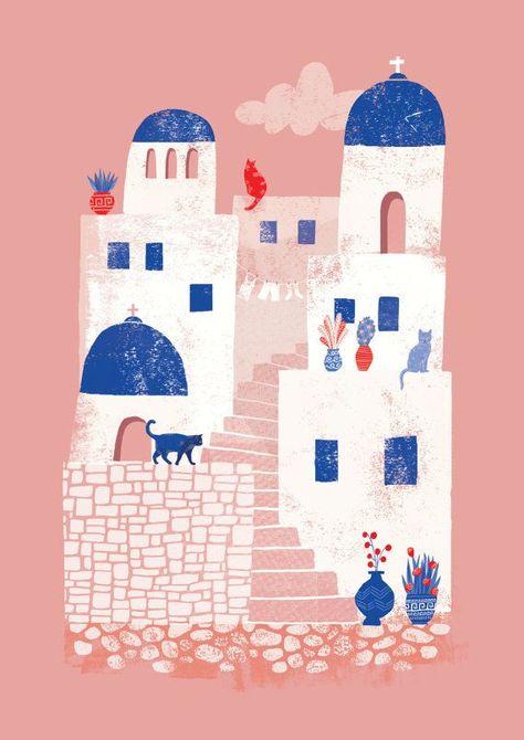 Illustration by Essi Kimpimäki Grecia Santorini, Greece Santorini, House Illustration, Travel Illustration, Santorini Greece, Greek Island, Art And Illustration, Paros, Mail Art