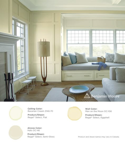 A serene living room. Walls: Man on the Moon OC-106 with Regal Select, Eggshell finish; Ceiling: Bavarian Cream 2146-70 with Regal Select, Flat finish; Alcove: Halo OC-46 with Regal Select, Semi-Gloss finish Beadboard Living Room, Light Yellow Walls, Yellow Walls Living Room, Serene Living Room, Yellow Paint Colors, Brown Living Room Decor, Living Colors, Bavarian Cream, Yellow Living Room