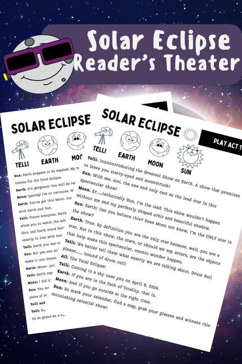 Reader's theater provides an opportunity for your students to learn about the solar eclipse in a fun way. Get all 3 solar eclipse reader theaters in the Solar Eclipse Activity and Workbook for Kids. Solar Eclipse Reading Comprehension, Solar Eclipse Lesson, Total Eclipse Activities For Kids, Solar Eclipse Games, Solar Eclipse Activities, Solar Eclipse Activities For Kids, Eclipse Activities For Kids, Eclipse Games, Eclipse Activities