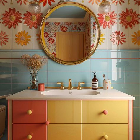 10+ Retro Bathroom Mirror Ideas to Inject Nostalgia into Your Decor • 333k+ Inspiring Lifestyle Ideas & Images 60s Style Bathroom, Retro Modern Bathroom Ideas, Bathroom Ideas Retro, Groovy Bathroom, Colorful Bathroom Ideas, Colourful Cottage, Retro Bathroom Ideas, 70s Bathroom, Classic Tile Design