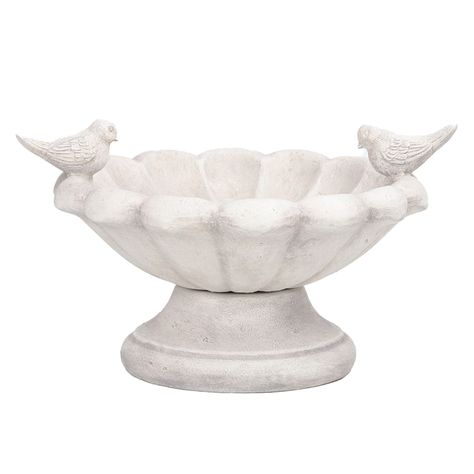 Beautiful flower shaped bowl. White washed textured stone finish. Highly detailed sculpture. Perfect addition to the yard or pardon. Durable resin material. Style Selections Bird 8-in H White Plastic Complete Birdbath | A06-884B Wedding Bird, Bird Bath Bowl, Concrete Bird Bath, Wedding Birds, Mix Concrete, Antique Dishes, Garden Products, Green Ceramics, Purple Glass