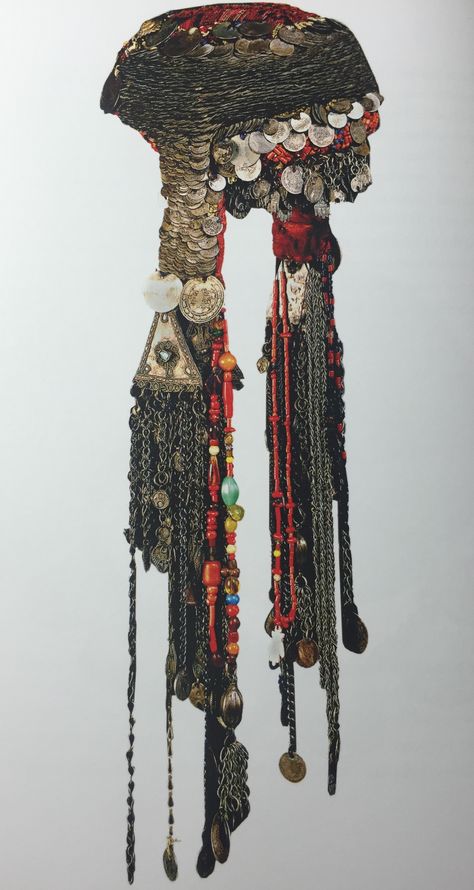 The headdress or 'money hat' (wuqayat al-darahem) was made in the 1840s and worn in the hills of southern Palestine in the 19th and early 20th centuries during wedding ceremonies, especially for the 'going out to the well' ceremony when the bride appeared in public as a married woman, for the first time. The headdress displayed the pride and status of the family and was passed down through generations.  H. 60cm  The British Museum collection. Money Hat, Cultural Fashion, Antique Ottoman, Wedding Headdress, Traditional Fashion, Folk Costume, Fantasy Clothing, Ethnic Jewelry, Fantasy Fashion