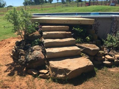 Rock Steps, Cheap Pool, Best Above Ground Pool, Pool Hacks, Pool Steps, Diy Swimming Pool, Above Ground Pool Landscaping, Above Ground Pool Decks, Backyard Pool Landscaping