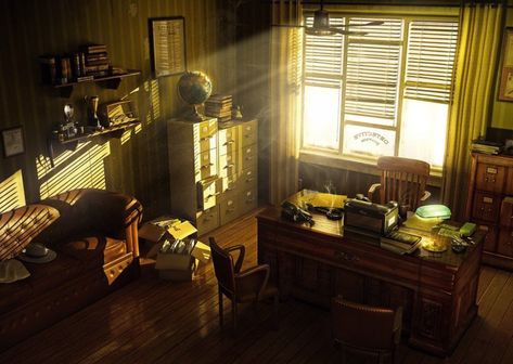 Detective Room Aesthetic, Detective Office Aesthetic, Detective Aesthetic Room, Old Office Aesthetic, Detective Room, Noir Office, Detective Office, Noir Detective, Detective Aesthetic