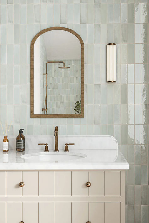 Small bathroom featuring glossy seagrass metro tiles behind an elegant vanity unit. Glazed Tile Bathroom, Metro Tiles Bathroom, Quorn Stone, Bathroom 2023, Hallway Tiles Floor, Kitchen Splashback Tiles, Green Tile Bathroom, Shower Tiles, Retro Tiles