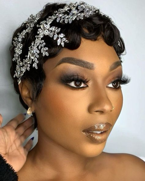 Finger Waves Wedding Hair Black Women, Short Hair Bride Black Women, Short Wedding Hair Black Women, Wedding Hairstyles For Short Hair Black Women, Wedding Headpiece Short Hair, Finger Waves Wedding, African American Bride Hairstyles, Short Bridal Hair, Short Hair Bride