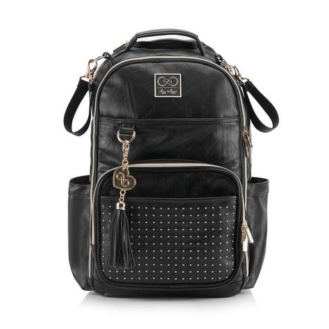 Chelsea + Cole for Itzy Ritzy Diaper Bag Backpack - Studded Boss Backpack Diaper Bag Includes 19 Pockets, Changing Pad, Stroller Clips & Tassel; Black with Sweetheart Print Interior & Gold Hardware Itzy Ritzy Diaper Bag, Leather Diaper Bag Backpack, Backpack Diaper Bag, Vegan Leather Backpack, Itzy Ritzy, Stroller Straps, Diaper Bag Backpack, Kids Store, Work Bag