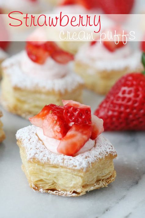 Strawberry Cream Puffs - glorioustreats.com Recipes Using Puff Pastry, Strawberry Cream Puffs, Strawberry Cream Cheese Filling, Chicken And Pastry, Pepperidge Farm Puff Pastry, Fancy Desserts Recipes, Fudge Flavors, Puff Pastries, Mini Pastries