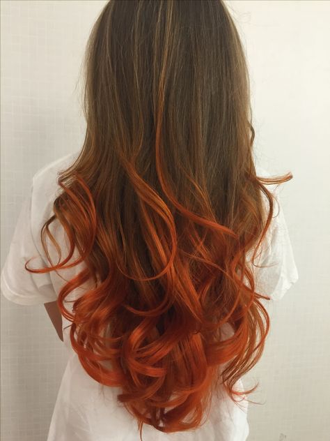 Colored Hair Ends Brunettes, Red Dip Dye Hair Brown, Copper Ends On Brown Hair, Orange Ends Of Hair, Ombre Hair Orange, Uv Hair Dye, Brown Orange Ombre Hair, Brown Hair Orange Tips, Orange Hair Tips