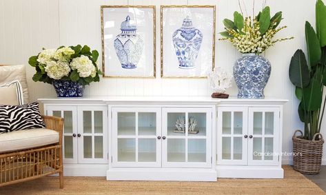 Sideboard With Glass Doors, Blue Living Room Color Scheme, Blue Living Room Color, Hamptons Furniture, Hamptons Coastal, Travel Memorabilia, White Sideboard, Timeless Furniture, Media Unit