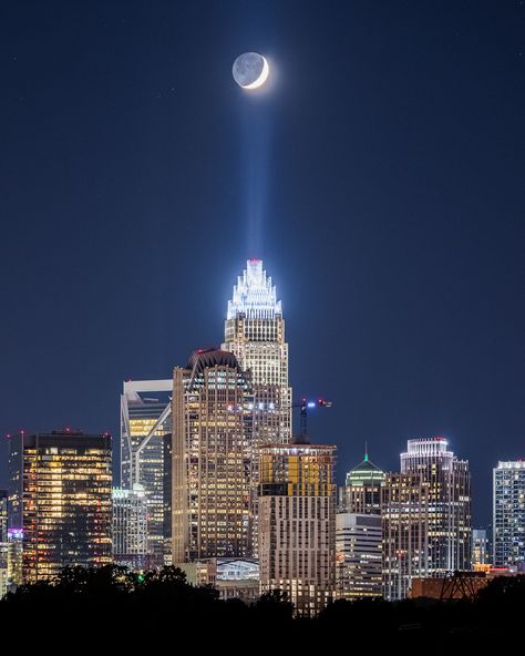 I was told I should post this here! Crescent moon over Charlotte NC I took it last Sunday! Nc Tattoo, Charlotte Skyline, Charlotte North Carolina, Crescent City, City Photography, Milan Italy, Charlotte Nc, City View, Taipei