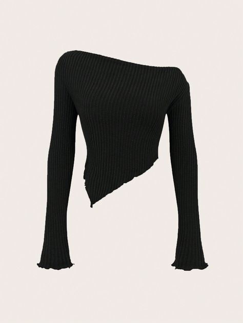 Black Casual Collar Long Sleeve Fabric Plain  Embellished Slight Stretch  Women Clothing Shein Ezwear Outfits, Fashionable Tops For Women, Asymmetrical Long Sleeve Top, Cute Long Sleeve Tops, Stylish Tops Fashion, Cotton Tops Designs, One Shoulder Shirt, Off Shoulder T Shirt, Stylish Tops For Women