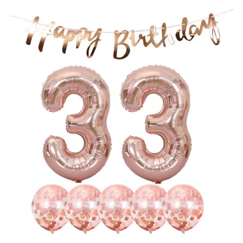 PRICES MAY VARY. You will get rose gold 33th birthday decoration kit includes Happy Birthday Banner(1set), Confetti Balloons(5pcs), large Number 33 balloon Rose gold party decor made from Aluminum Foil and Latex. You can stick these balloons on walls, tables and doors to forming a balloons bouquet or wall decoration! Suitable for birthday party or for an important party, anniversary celebration or any other occasion. These balloons are shipped flat, can be filled with helium or air. It can float 33 Years Old Birthday, 33th Birthday, Rose Gold Birthday Party, Balloons Number, Gold Birthday Party Decorations, Rose Gold Birthday, Rose Gold Party Decor, Gold Party Decorations, Gold Birthday Party