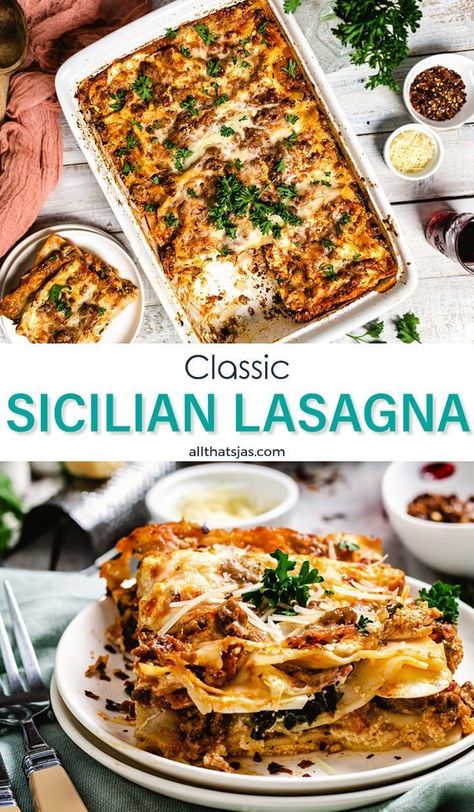 Sicilian Lasagna Recipe, Sicilian Lasagna, Sicilian Recipes Authentic, Italian Lasagna, Oven Ready Lasagna, Genoa Salami, Baked Lasagna, Lasagne Recipes, Lasagna Noodles