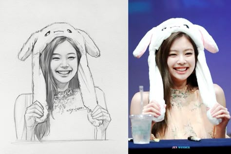 Blackpink Sketch, Cute Jennie, Pink Sketch, Pop Drawing, Hat Drawing, Pink Drawing, Art Drawings Sketches Pencil, Celebrity Drawings, Kpop Drawings