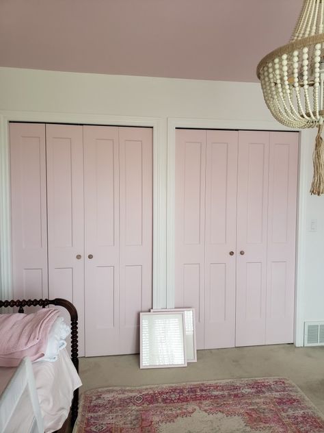 Pink Bead Board Nursery, White Walls Pink Trim, Pink Closet Doors, Pink Trim White Walls, Pale Pink Girls Bedroom, Pink Trim Bedroom, Pink Ceiling Bedroom, Pink Bedroom Door, Pink Accent Wall Bedroom