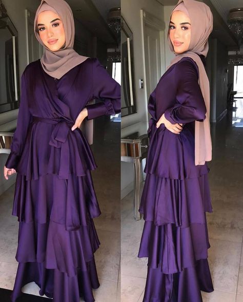 Satin Dresses Long Hijab, Purple Dress Hijab, Hijab Dress Party Engagement, Prom Hijab, Eid Outfits Ideas, Long Sleeve Party Dresses, Party Hijab, Classy Party, Hijab Dress Party