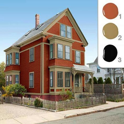 Burnt orange house Exterior Paint Schemes, Best Exterior Paint, House Paint Color Combination, Brown Roof, Exterior House Paint Color Combinations, Exterior House Color, Pintura Exterior, Red Brick House, House Photo