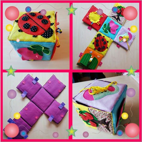 My interactive baby cube! Can be opened and used as a baby playing mat!  See more at: https://www.facebook.com/kikolinohandmade/ Baby Cubes, Quiet Book Templates, Quiet Toys, Baby Diy Projects, Diy Quiet Books, Baby Toys Diy, Sensory Crafts, Quiet Book Patterns, Felt Books