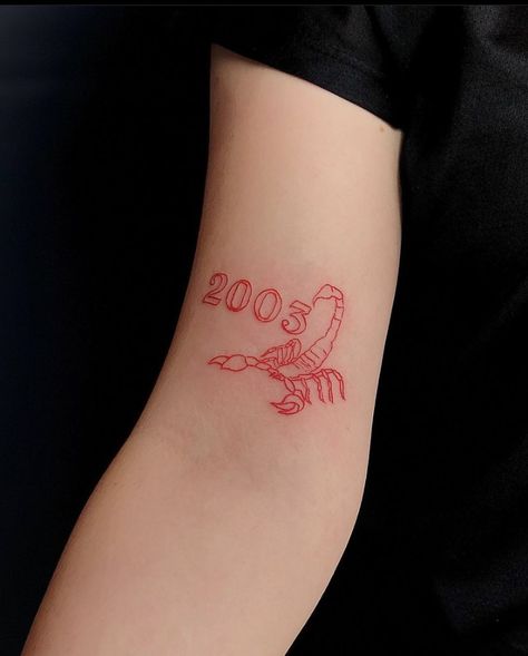 Red tattoo • fine line tattoo • 2003 • Scorpio Made In 2003 Tattoo, Scorpio Outline Tattoo, Red Ink Scorpion Tattoo, Scorpio Inspired Tattoo, Tattoos For Scorpio Women, Scorpion Tattoo Red, Scorpion Line Tattoo, Tattoo Ideas Female Scorpio, Red Scorpio Tattoo