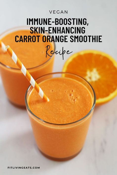 Want healthy, glowing skin? Get the recipe for this carrot orange smoothie that is packed with antioxidants, vitamin A and vitamin C! It's a great immune booster, too! This healthy smoothie stars carrots, oranges and pineapple. Get the recipe and the nutritious benefits here >> https://www.fitlivingeats.com/glow-baby-glow-carrot-orange-smoothie/ #smoothierecipe #smoothie #recipe #orangesmoothie #carrotsmoothie #healthyskin #immuneboostsmoothie #immuneboost #immunesupport Carrot Smoothie Recipe, Açai Bowls, Nutribullet Pro, Orange Smoothie Recipes, Blendtec Recipes, Night Oats, Recipe Smoothie, Smoothies Healthy, Carrot Smoothie