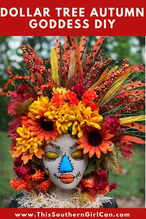 How beautiful is this Autumn scarecrow goddess?? Make your own with Dollar Tree flowers and my easy tutorial! Scarecrow Decorating Contest, Easy Scarecrow Ideas, How To Make A Scarecrow, Scarecrow Ideas For Contest Festivals, Scarecrow Ideas For Contest, Dollar Tree Scarecrow, Pumpkin Wire Wreath, Tomato Cage Crafts, Thanksgiving Porch