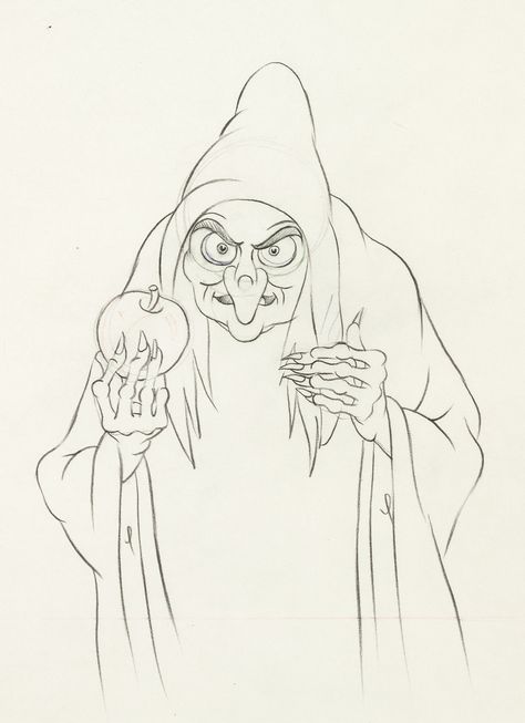 Animation drawing from Disney’s Snow White (1937). The Old Hag was one of those uncompromisingly scary Disney villains–Snow White was never just a children’s film. Apple Animation, Scary Disney, Snow White Drawing, Snow White Witch, Snow White 1937, Disney Drawing Tutorial, Witch Drawing, Old Hag, Animation Drawing