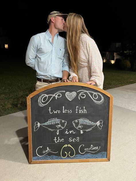 Two less fish in the sea. Rehearsal dinner chalk art. Fishing theme Fishing Rehearsal Dinner Themes, Beach Theme Rehearsal Dinner, Fishing Themed Rehearsal Dinner, Two Less Fish In The Sea, Fishing Themed Wedding, Rehearsal Dinner Themes, Fishing Couples, Fishing Wedding, Fish In The Sea