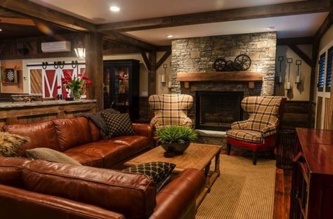 Old barn transformed into ultimate entertaining pad in Upstate New York Brown Sectional Sofa, Living Design Ideas, Modern Leather Sectional Sofas, Italian Leather Sectional Sofa, Family Room Sectional, Modern Leather Sectional, Farmhouse Family Rooms, Living Room New York, Living Room Decor Brown Couch