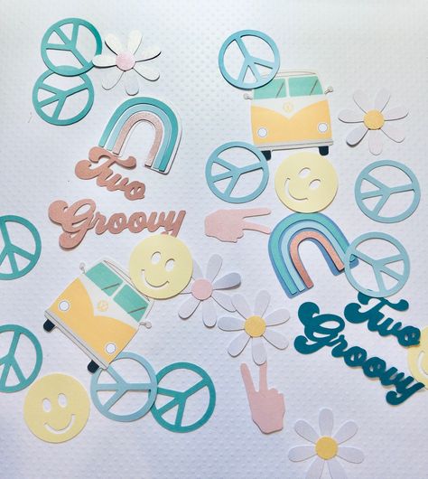 Retro hippie groovy two groovy confetti die cuts pastel seventies party decor stay trippy little hippie daisy peace sign smiley face die cut Retro Smiley Face Birthday Party, Pastel Confetti, Stay Trippy Little Hippie, Two Groovy, Vintage Bus, Hippie Birthday, 3 Birthday, 50th Anniversary Party, Groovy Retro