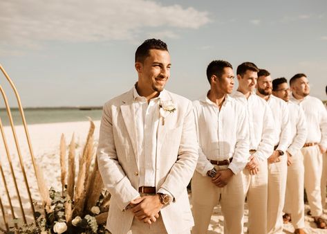 Hawaii Beach Wedding Groom Attire, Khaki Groomsmen Attire Beach, Mens Tan Suit Beach Wedding, Cabo Wedding Groomsmen, Groom Beach Wedding Attire, Groomsmen Hawaii Wedding, Beach Wedding Party, Beach Wedding Groom Attire Linen, Groomsmen Beach Attire