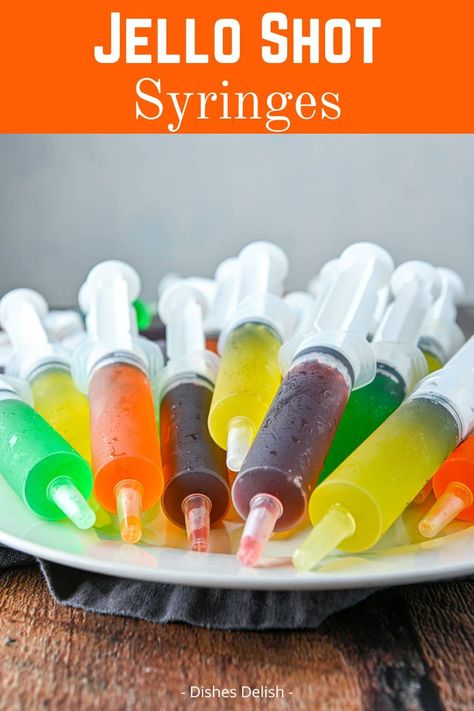 Syringe Jello Shots - Dishes Delish Jello Syringe Shots, Jello Shot Syringes Recipe, Syringe Jello Shots, Syringe Shots, Vodka Gimlet Recipe, Best Jello Shots, Jello Shots Vodka, Vodka Gimlet, Halloween Jello Shots