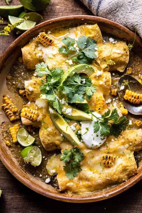 Corn Chicken Enchiladas, Pan Enchiladas, Corn Enchiladas, Enchiladas Potosinas, Chipotle Corn, Cheddar Corn, Mexican Favorites, Enchiladas Healthy, Half Baked Harvest Recipes