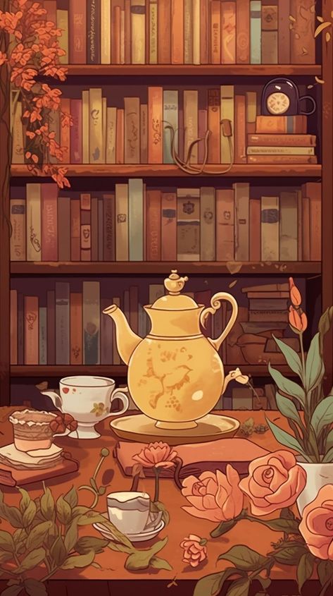 Aesthetic Tea Wallpaper, Books And Tea Wallpaper, Cozy Book Illustration, Bookish Wallpapers Aesthetic, Tea Pots Aesthetic, Brown Backgrounds Aesthetic, Cute Cozy Wallpapers, Tea Wallpaper Aesthetic, Bookish Phone Wallpaper