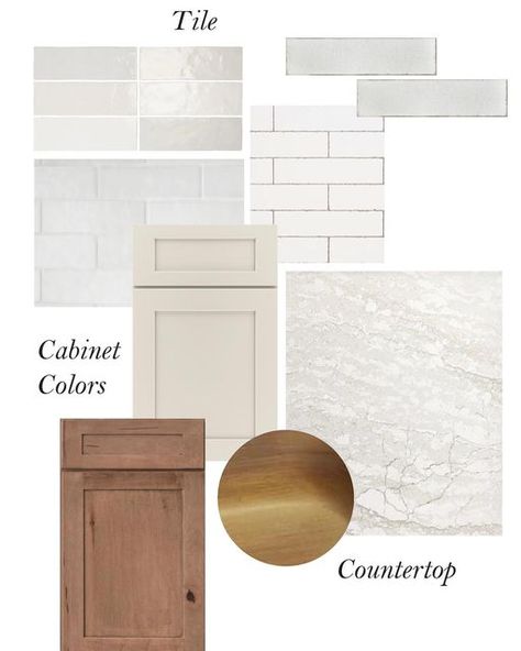 Interiors by Anastasia, Ltd. on Instagram: "Some Mood Board choices for your Monday🤔 . . . This already cute and well-decorated house wanted some updates on their kitchen (again already such a good start!✨) Brightening the wall paint and countertop, and cleaning up the cabinet color, swapping out lighting and backsplash, and rethinking bar stools and hardware. A combination of little changes to get a big result! I think it will be gorgeous no matter what we pick😍 . . . #interiorsbyanastasia #m Kitchen Finishes Board, Warm Kitchen Backsplash, Finishes Board, Kitchen 2025, Tile Selection, Off White Cabinets, Kitchen 2024, Warm Kitchen, Kitchen Finishes