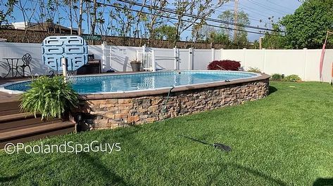 Pool & Spa Guys Semi-Inground Swimming Pools Pool Deck Privacy, Semi Inground Pool Deck, Semi Above Ground Pool, Deck Gardening, Farmhouse Pool, Semi Inground Pool, Small Inground Pool, Oval Pool, Semi Inground Pools