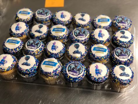 Custom Fortnite edible image cupcakes by Flavor Cupcakery Edible Image Cupcakes, Fortnite Cupcakes For Boys, Fortnite Cupcake Cake, Fortnight Cupcakes, Fortnite Cupcakes Ideas, Fortnite Cupcakes, Deadpool Cake, Edible Print Cake, Birthday Cupcakes Boy