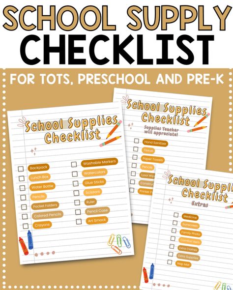 Checklist For Preschool, School Supply Checklist, In Home Preschool, Must Have School Supplies, Ready For Preschool, Preschool Supplies, Home Preschool, School Supplies For Teachers, Disinfecting Wipes