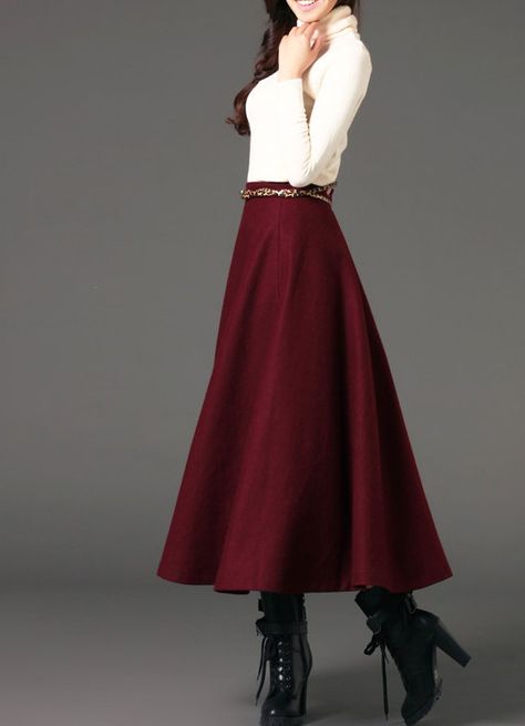 Wine red woman long winter wool dress plus size woolen dress wool skirt winter maxi skirt - S M L XL XXL Fancy Maxi, Winter Office Outfit, Winter Wool Dress, Maxi Skirt Winter, Skirt Winter, Woolen Dresses, Trendy Skirts, Winter Party Dress, Winter Skirt