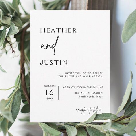 Minimalist Modern Simple Wedding Invitations Modern Simple Wedding Invitations, Wedding Planning Timeline Printable, Wedding Invitation Fonts, White Roses Wedding, Simple Elegant Wedding, Wedding Planning Timeline, Wedding Invitations Zazzle, Wedding Anniversary Invitations, Green Wedding Invitations