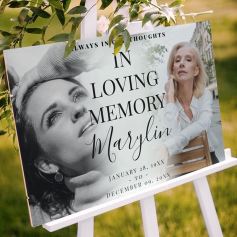 'In Loving Memory' Memorial Before & After Photo Foam Board  Zazzle Graveside Decorations Diy Memorial, Diy Memorial Ideas For Loved Ones, Memorial Board, Condolence Flowers, Heart Shaped Photo Collage, Urn Arrangements, Handwritten Calligraphy, Rope Crafts Diy, Memorial Signs