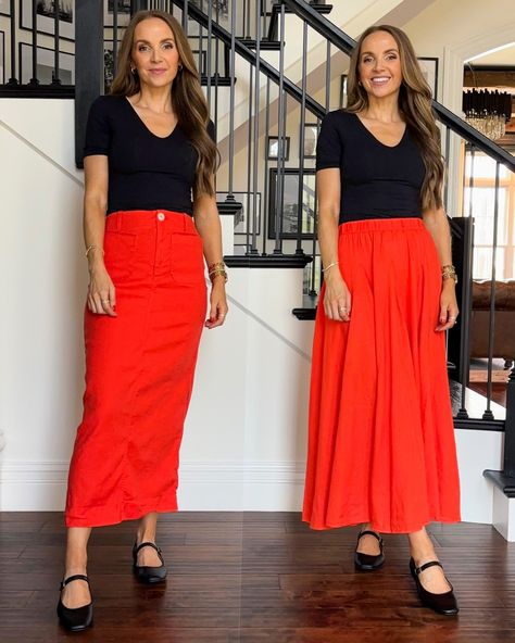 Fall Trends: How to Add RED to Your Outfits - Merrick's Art Slip Skirt Outfit Fall, Red Midi Skirt Outfit, Football Halloween Costume, Madewell Denim Dress, Red Ballet Flats, Red Midi Skirt, Midi Skirt Outfit, Boucle Jacket, Wear Red